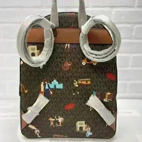 MICHAEL KORS BACKPACK JAYCEE LARGE ZIP JET SET GIRLS PRINT BROWN MULTI - Picture 5 of 11